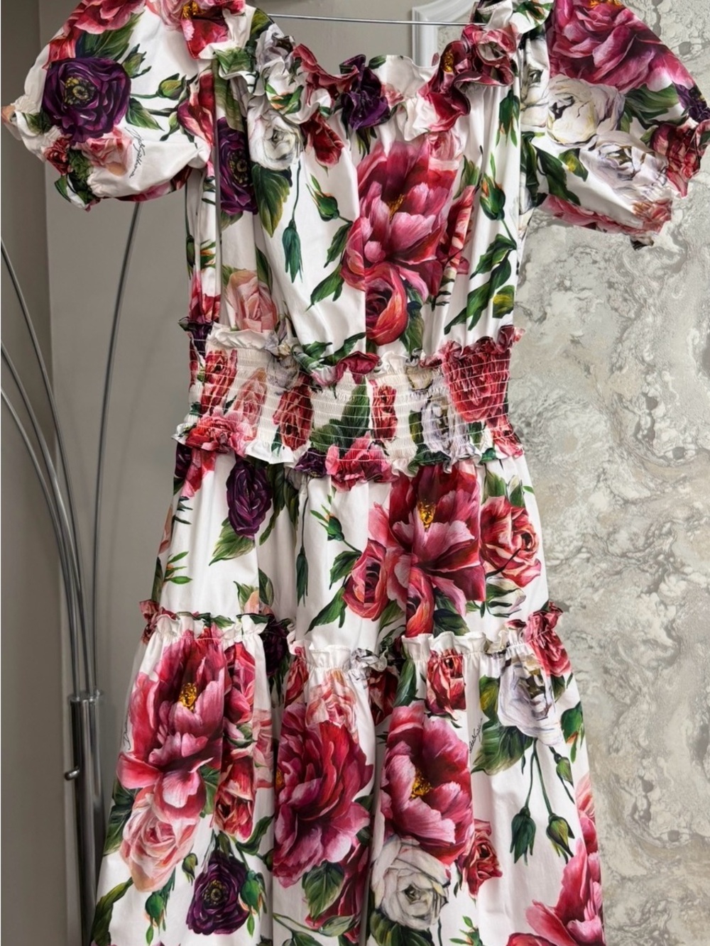 Floral Puff-Sleeve Girls' Dress in White and Pink